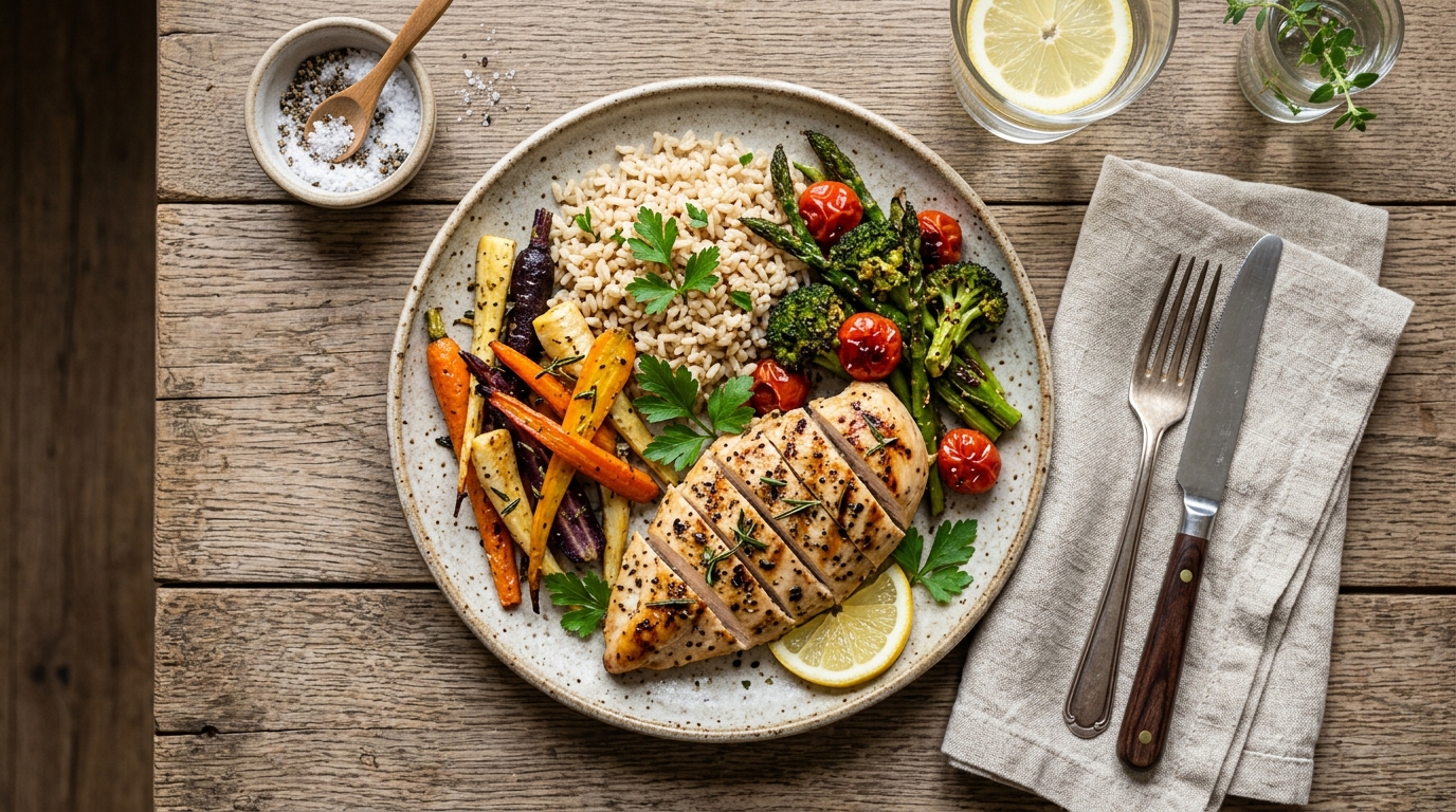 Farfurie echilibrată cu proteină slabă, legume colorate și sursă de carbohidrați compleși