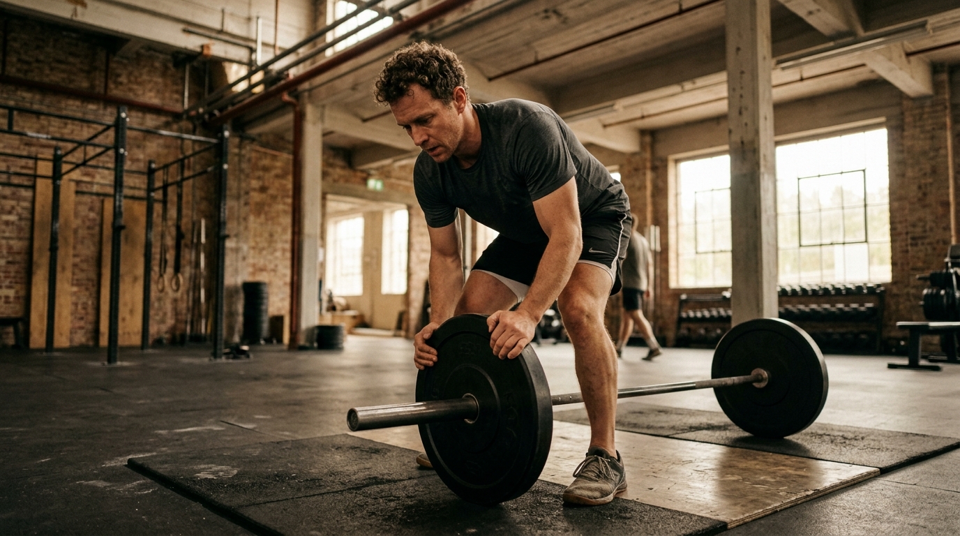Sesiune de progresie progresivă cu greutăți medii, executată într-o sală de fitness cu structură deschisă